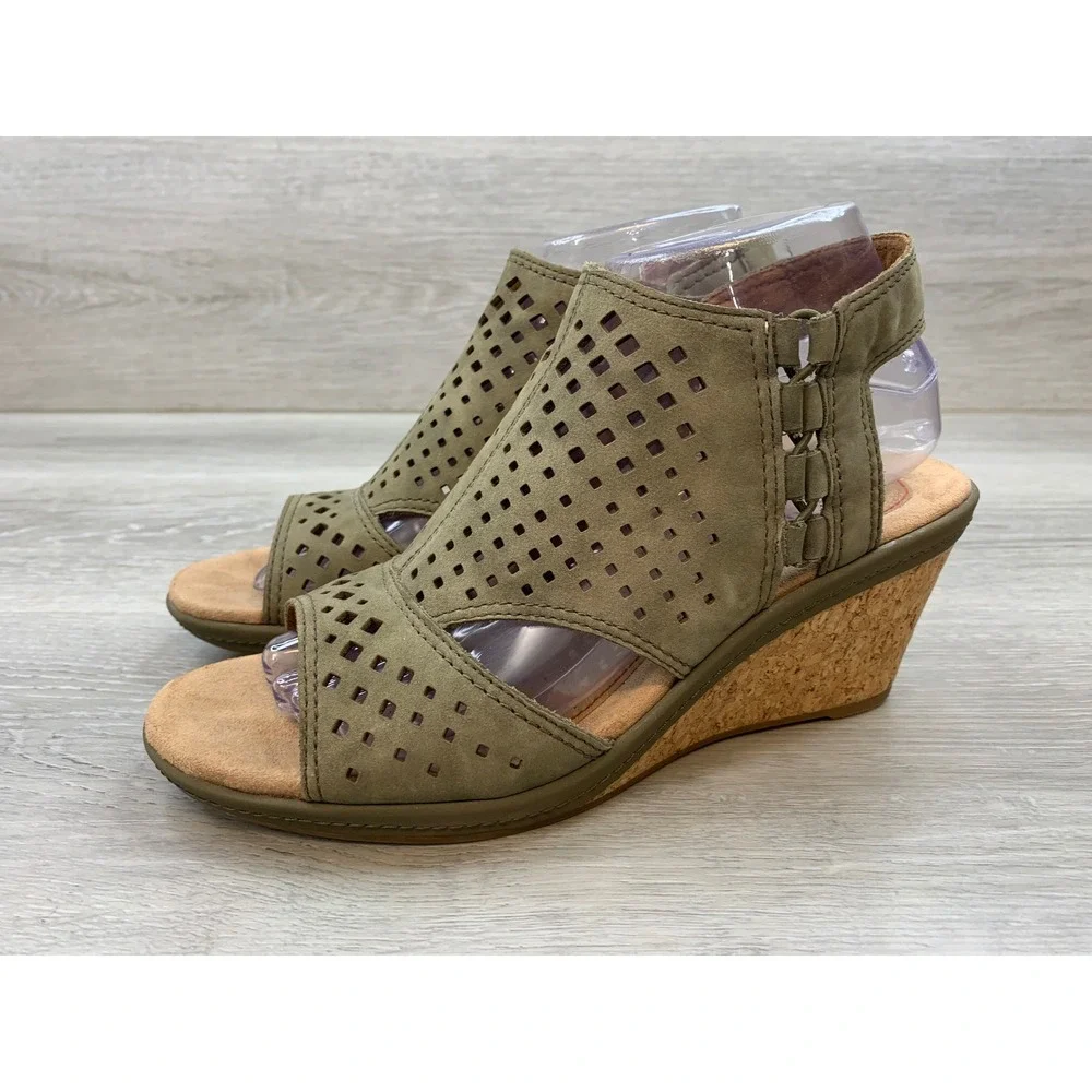 Cobb Hill Women's Sandals Olive Green Perforated Leather Cork Wedge 8 Shoes